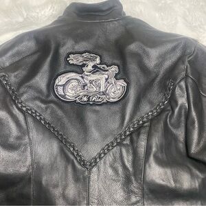 Black Leather Jacket with Embroidered Motorcycle Design